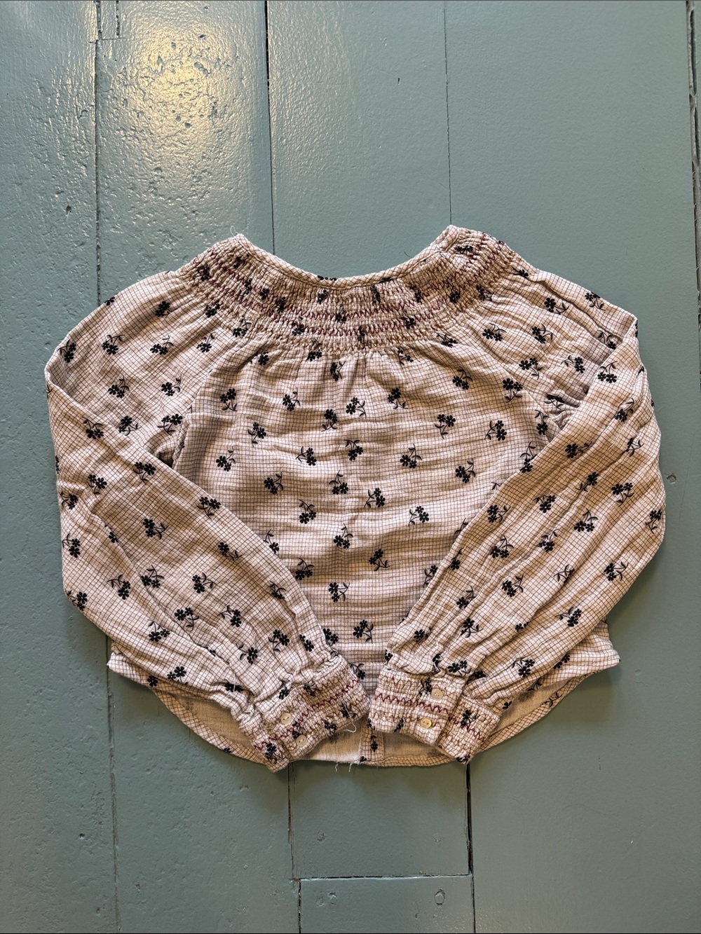 Zara Smocked Floral Blouse in ivory and black size 11/12